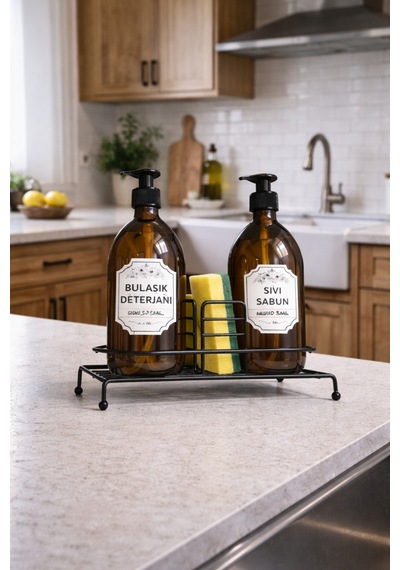 Karteya Standlı Sıvı Sabunluk Seti - Standlı Sabunluk - Metal Standlı Sabunluk - 500 Ml Amber Cam Siyah