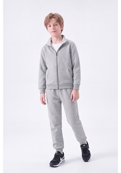 Fyk Kids Erkek Çocuk 3 İplik Düz Basic Fermuarlı Dik Yaka Çift Cepli 2'li Eşofman Takımı 4 Parça Gri - Lacivert