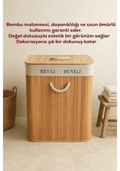 Porsima Çift Bölmeli Kapaklı Kirli Çamaşır Sepeti Dikdörtgen - İki Bölmeli Bambu Kirli Çamaşır Sepeti Cr71015