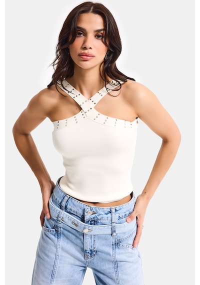 Kadın Ekru S6-101 Crop Parlak Taş Detaylı Boyundan Askılı Tasarım Body