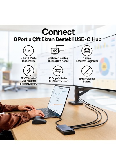 Belkin Inc027hqsgy Connect 8 Port Dual Display Usb-c Hub 100w Pd 4k 60hz - Gri