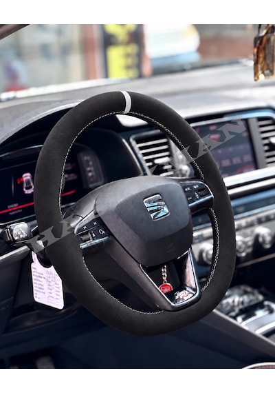 Seat Ibiza Mk5 Dikme Direksiyon Kılıfı Alcantara Süet Mat Karbon Beyaz Yüzük Ve Dikiş 2017-2021 Siyah