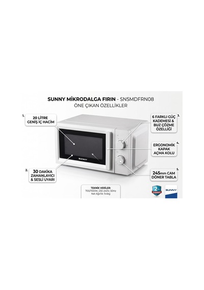 Sunny SN5MDFRN08 20 L 700 W Zaman Ayarlı Mikrodalga Fırın