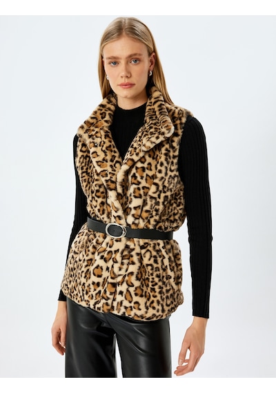 Koton Kolsuz Leopar Desenli Suni Kürk Yelek Deve Tüyü Desenli 5wak20374ew Camel Desenli Camel