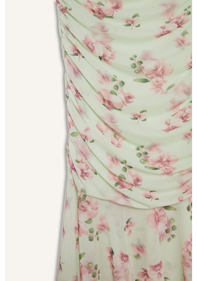 Defacto Coool Bodycon Vücudu Saran Straplez Çiçek Desenli Tül Maxi Elbise F5577ax25smgn766 Yeşil