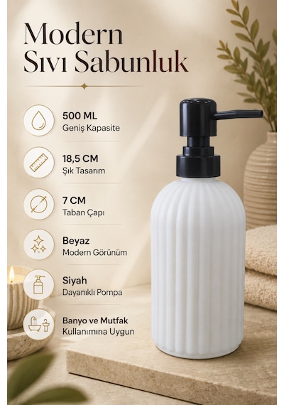Vovy Çizgili Cam Sabunluk 500 Ml Siyah Pompalı Modern Sıvı Sabun Ve Deterjan Dispenseri - 18,5 Cm X 7 Cm Beyaz