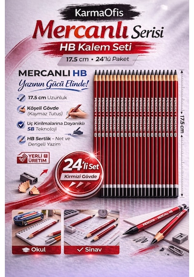 Mercanlı Hb Kurşun Kalem Kırmızı Tek Renk 24 Adet, Köşeli Gövde, 17.5 Cm Kırmızı 24lü