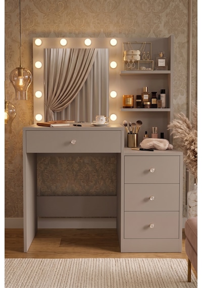 Robin Home Hollywood Makyaj Masası 4 Çekmeceli Düzenleyici Hollywood Led Işıklı Raflı Kumsal Bej Robin Home Hollywood Makyaj Masası 4 Çekmeceli Düzenleyici Hollywood Led Işıklı Raflı Kumsal Bej
