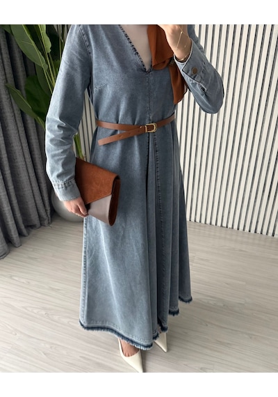 Molly Nelly Kadın V Yaka Pile Detaylı Oversize Kot Tesettür Elbise Mavi