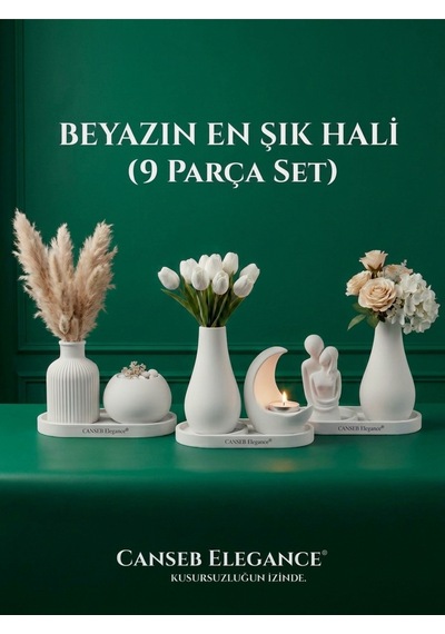 Elite Seri - 9 Parça Dekoratif Obje Set - Beyazın En Şık Hali 1 Adet Tealight Mum Hediyeli