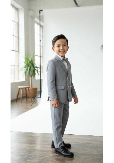 Bys Beystil Sivri Yaka Gri Çizgili Çocuk Kruvaze Elbise - Slim Fit