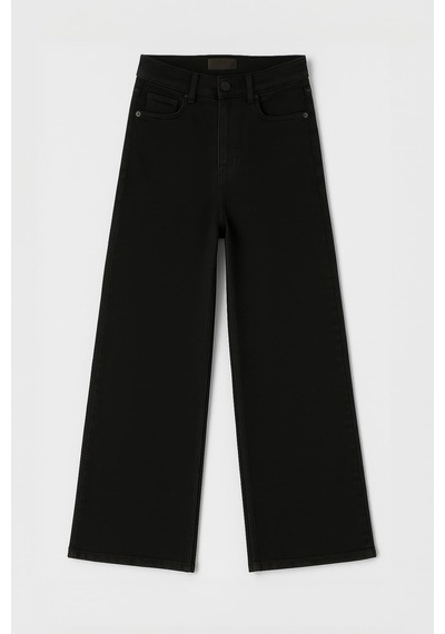 Kadın Yüksek Bel Likralı Wide Leg Siyah Jean Pantolon Siyah