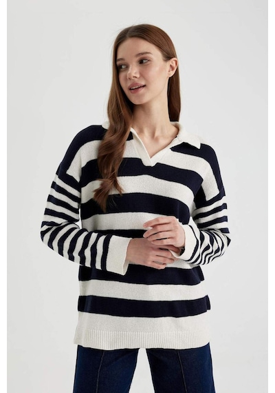 Defacto Regular Fit Çizgili Polo Yaka Tişört Tunik C2850AX24SPNV243 Lacivert