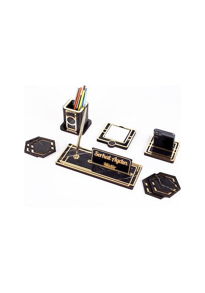 Space+ Kalemlikli Ahşap Masa Seti Mermer Desenli Hediye Ofis Dekoratif Masa Üstü İsimlik