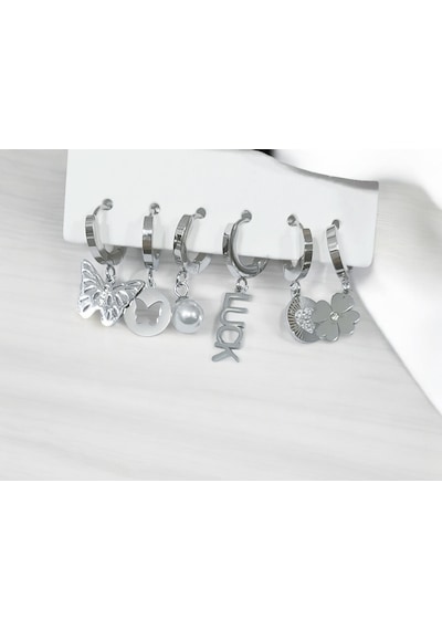 Kadın Çelik Luck Detaylı 6 Adet Küpe Set Gümüş Renk Çelik