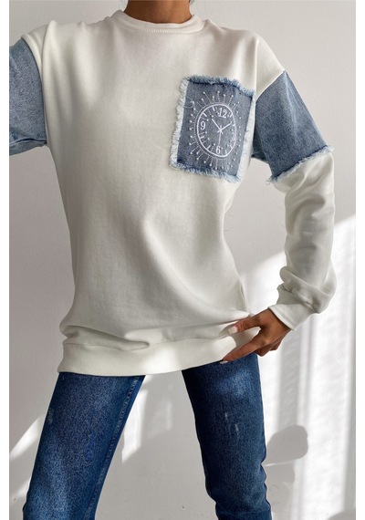 Femelle Kadın Ekru Kot Detaylı Taş İşlemeli Pamuklu Sweatshirt