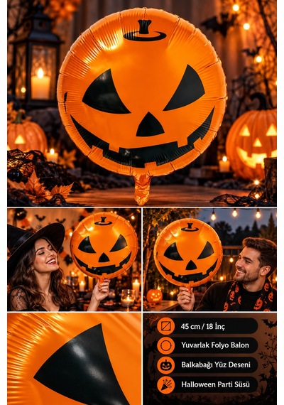 Halloween Cadılar Bayramı Balkabağı Yüzlü Folyo Balon 45 Cm 18 İnç Turuncu Yuvarlak Parti Süsü Çok Renkli