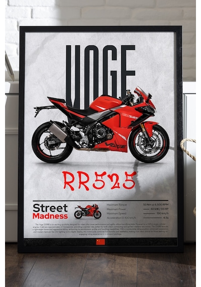Voge Rr525 Siyah Ahşap Çerçeveli Poster, Dekoratif Motosiklet Duvar Tablosu