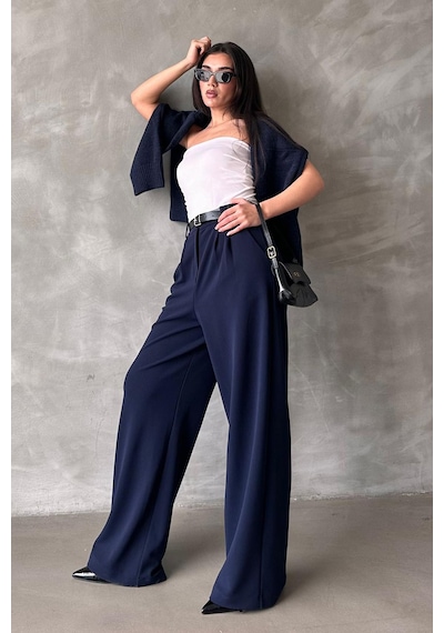 Madmext Lacivert Çift Pileli Kemerli Pantolon Mg2330 Lacivert