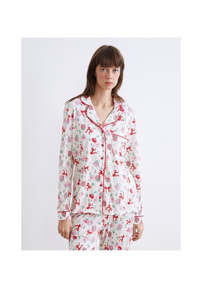 Lcw Dream Ekru Gömlek Yaka Yılbaşı Temalı Kadın Pijama Takımı