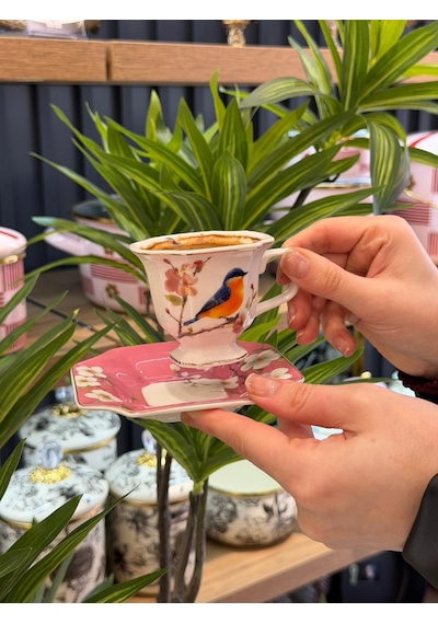 6 Kişilik Porselen Lavin Bird Pink Kahve Fincanı -5909 Pembe