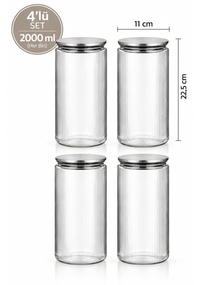 Porsima S-2091 Sarina 4'lü Çizgili Cam Kavanoz Seti 2000 Ml Metal Vakum Kapaklı Büyük Boy Mutfak Kiler Erzak Ve Bakliyat Saklama Kabı Cam - Şeffaf