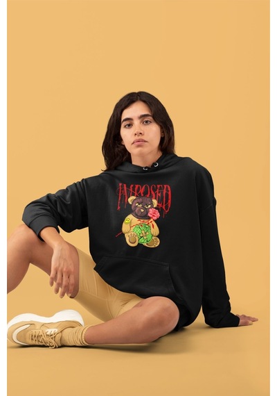 Macklin Unisex Kadın Erkek Imposed Bear Özel Tasarım Baskılı Kapşonlu Sweatshirt Siyah Mck0027 Siyah