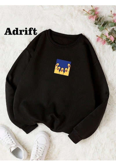 Ördek Renkli Oversize Bisiklet Yaka Pamuklu Sweatshirt Beyaz Siyah