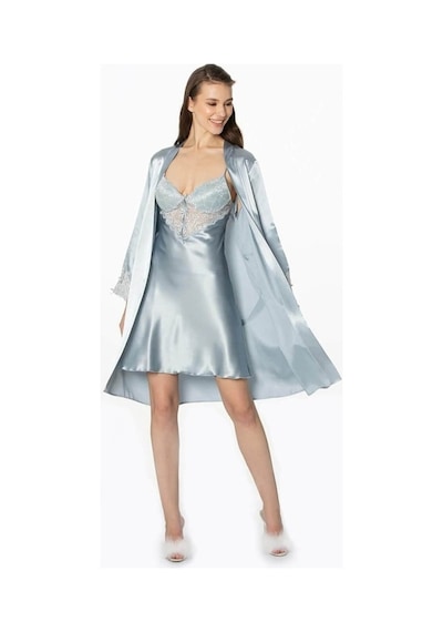 Pierre Cardin 2Li Saten Kısa Gecelik Sabahlık 4300 Mist (546534774)
