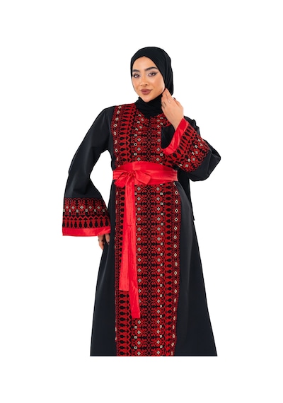Zaytoon Uzun Kollu Tek Taraflı Nakışlı Kırmızı Kemerli Filistin Elbise C100057 Kırmızı