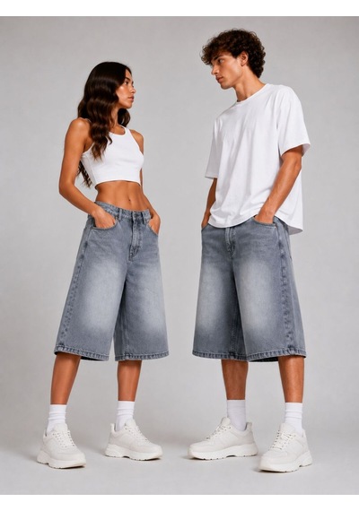 St.poll Eskitme Yıkama Unisex Baggy Denim Şort Gri