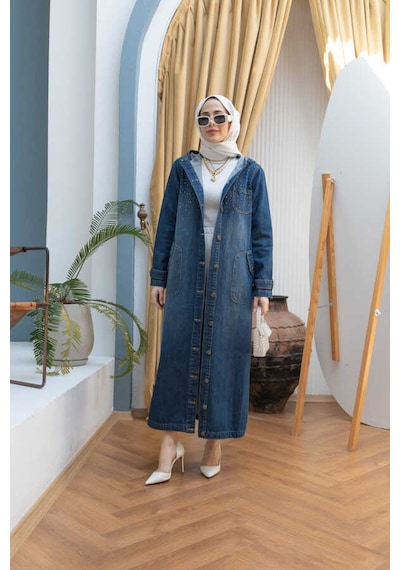 6329-taşlı Denim Kapşonlu Kap Koyu Mavi Koyu Mavi