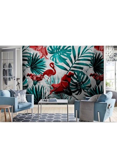 Flamingo Ve Tropikal Yapraklar Duvar Kağıdı (397457394)
