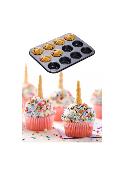 12'li Yapışmaz Muffin Cupcake Kek Kalıbı Karbon Çelik Siyah Diğer