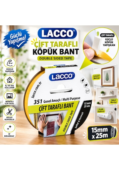 Lacco Çift Taraflı Köpük Bant 15 Mm X 25 M Güçlü Yapışkanlı Montaj Bandı Çok Amaçlı Beyaz 1 Adet