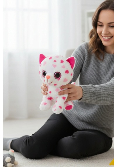 Kalpli Kedi Peluş Oyuncak 25 Cm İri Gözlü - Sevimli Zürafa Desenli, Yumuşacık Yüksek Kaliteli Gri - Yeşil