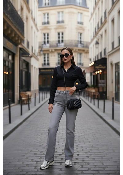 Lela Fitted Fit Pamuklu Korse Detaylı Uzun Kollu Crop Bayan Gömlek 611Go00376 Siyah