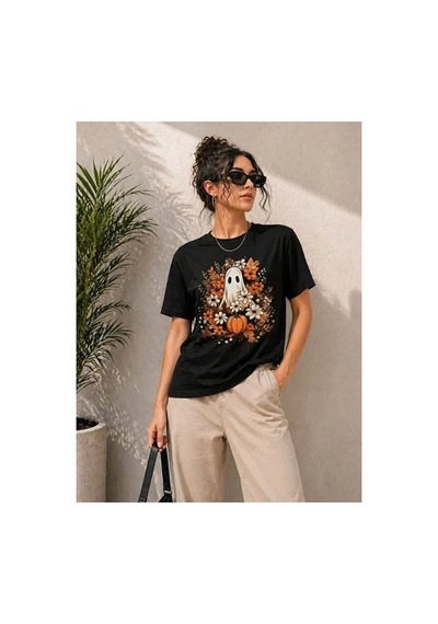 Butik İstanbul Balkabağı Hayalet Baskılı Tişört Kısa Kol Yazlık T-shirt - Siyah