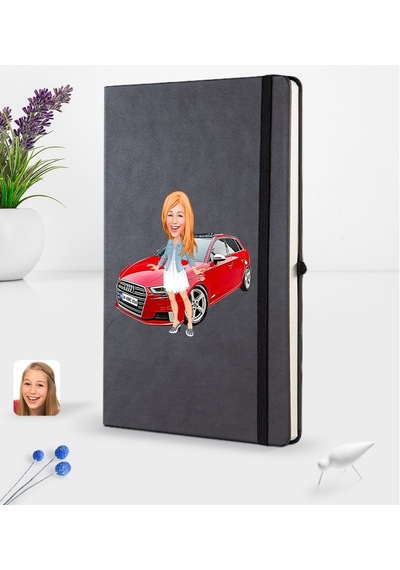 Kişiye Özel Plakalı Kadın Audi A3 Karikatürlü Siyah Termo Deri De