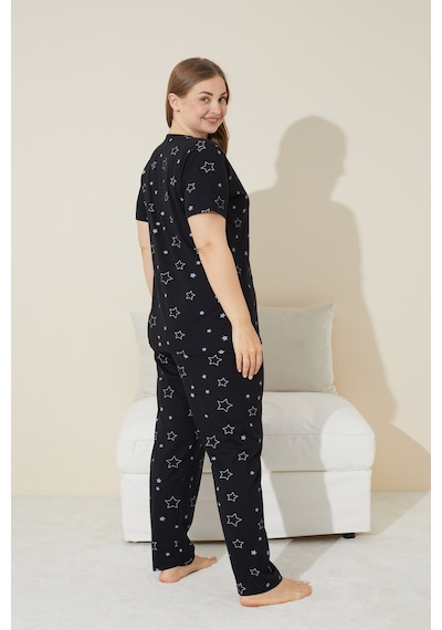 Siyah İnci Büyük Beden Battal Örme Pijama Takım 7614 Siyah Yıldız Desen