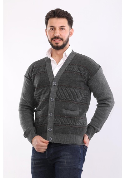 Kzctekstil Erkek Baba Triko Örgü Çift Cepli Akrilik Klasik Fit Düğmeli Hırka Gri