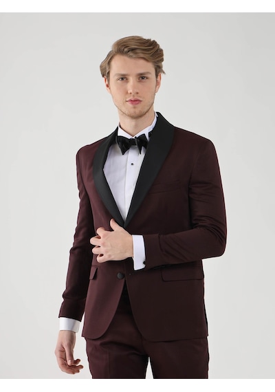 Dufy Bordo Erkek Slim Fit Düz Sivri Yaka Smokin Takım - 92433-bordo Bordo