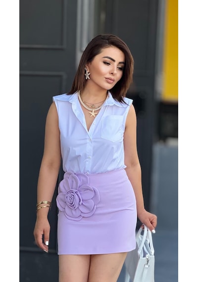 Lila Premium Çicek Detaylı Mini Etek Lila