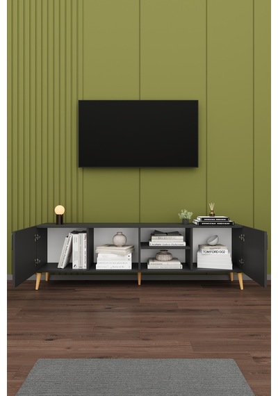 Asra Trend Tv Ünitesi T-12 %100 MDF 180 cm Tv Sehpası Dolaplı Raflı Koyu Gri