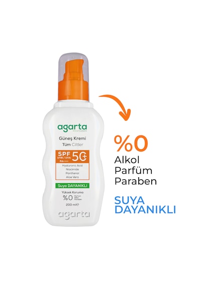 Agarta Yüz ve Vücut Koruyucu Güneş Kremi SPF50+ 200 ML