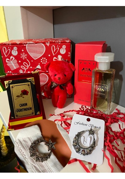 Öğretmenler Günü Hediye Kutusu Broş Parfüm Plaket Peluş Anahtarlık Kırmızı