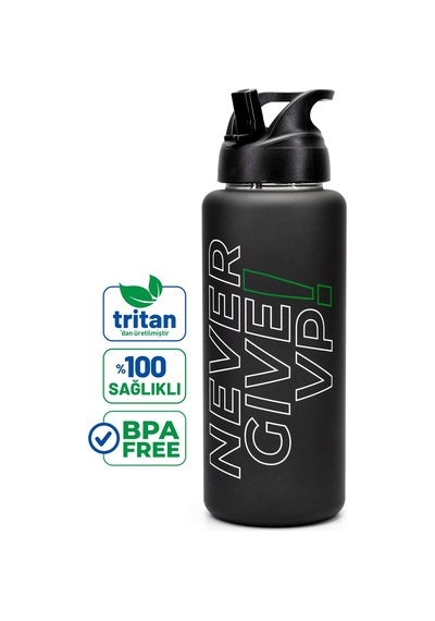 Büyük Su Matarası Tritan Pipetli Su Şişesi Never Give Spor Matarası Suluğu Bpasız 1000 Ml Siyah 0112