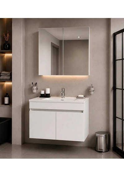 Modern 80 Cm Beyaz Mdf Hilton Aynalı Seramik Lavabolu Banyo Dolabı Takımı Alt Ve Üst Dolaplı Modern 80 Cm Beyaz Mdf Hilton Aynalı Seramik Lavabolu Banyo Dolabı Takımı Alt Ve Üst Dolaplı