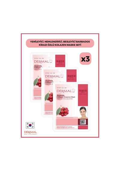 Dermal Yenileyici Nemlendirici Besleyici Barbados Kirazı Özlü Kolajen Maske 3 x 23 G