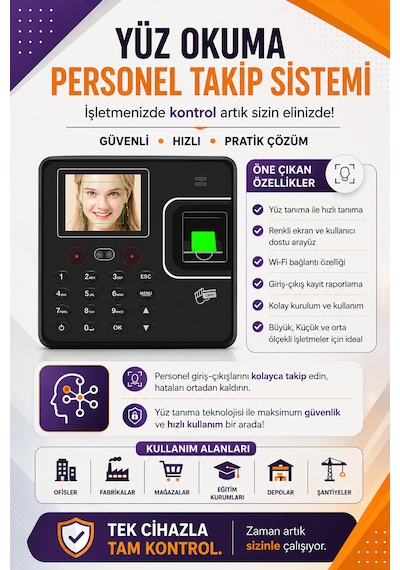 Kablosuz Wifi Kartlı Yüz Okuma Personel -web Giriş-çıkış Yazılımı (10 KART DAHİL)